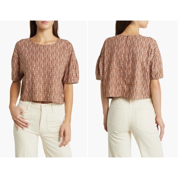 NWT Brixton Balboa Floral Stripe Linen Blend Crop Top in Bison Size Small - Picture 1 of 5